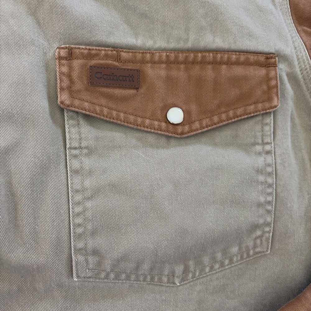 Carhartt Color Block Pearl Snap Canvas Shirt Jacket Green Khaki Men's Large L - Picture 3 of 7